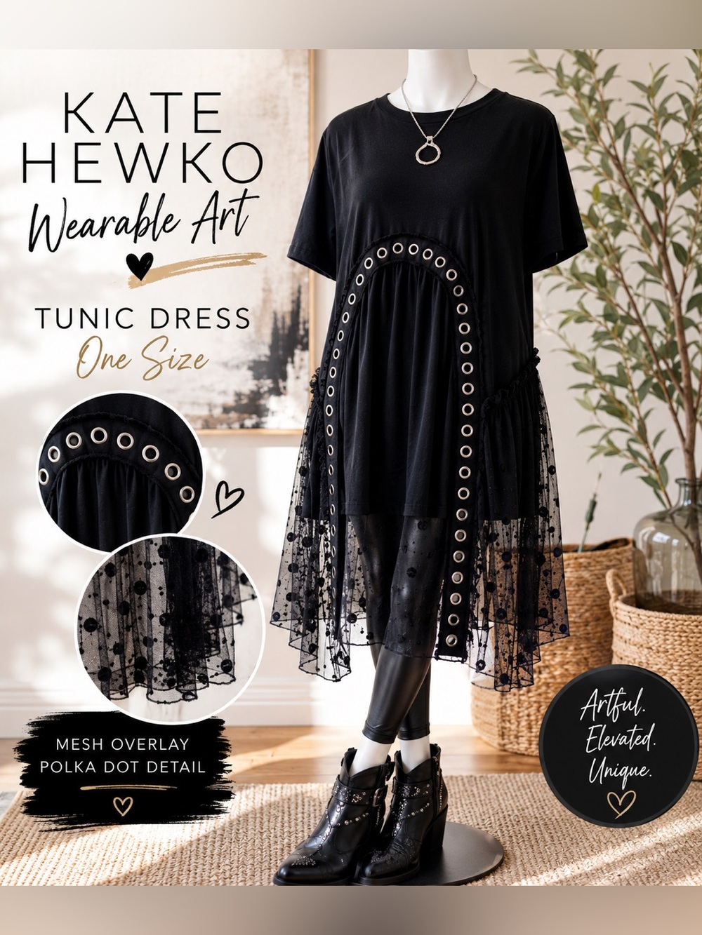 Kate Hewko Wearable Art Black Mesh Overlay Dress Tunic Grommet Detail One Size